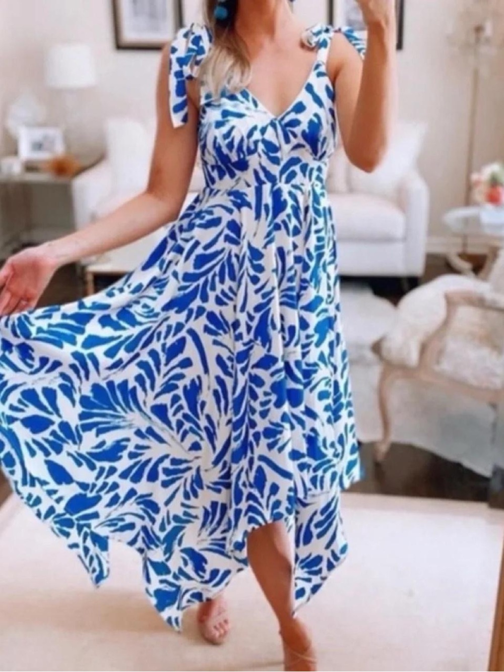 Alexie Blue White Tropical Handkerchief Midi Dress NWT Size S